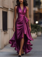 Satin Gown with High-Low Hem and Ruffles – Formal Wedding Guest Dress in Midnight Navy 9