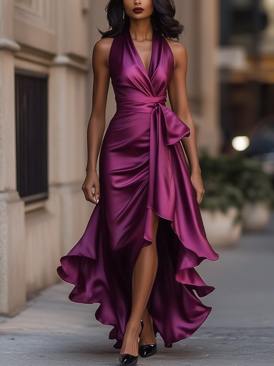 Satin Gown with High-Low Hem and Ruffles – Formal Wedding Guest Dress in Midnight Navy 9