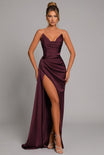 Elegant satin maxi dress featuring a ruched sweetheart neckline and a high split, perfect for formal occasions and evening events. 0