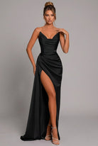 Elegant satin maxi dress featuring a ruched sweetheart neckline and a high split, perfect for formal occasions and evening events. 3