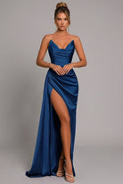 Elegant satin maxi dress featuring a ruched sweetheart neckline and a high split, perfect for formal occasions and evening events. 4