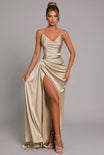 Elegant satin maxi dress featuring a ruched sweetheart neckline and a high split, perfect for formal occasions and evening events. 5