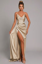 Elegant satin maxi dress featuring a ruched sweetheart neckline and a high split, perfect for formal occasions and evening events. 5