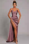 Elegant satin maxi dress featuring a ruched sweetheart neckline and a high split, perfect for formal occasions and evening events. 6