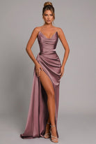 Elegant satin maxi dress featuring a ruched sweetheart neckline and a high split, perfect for formal occasions and evening events. 6