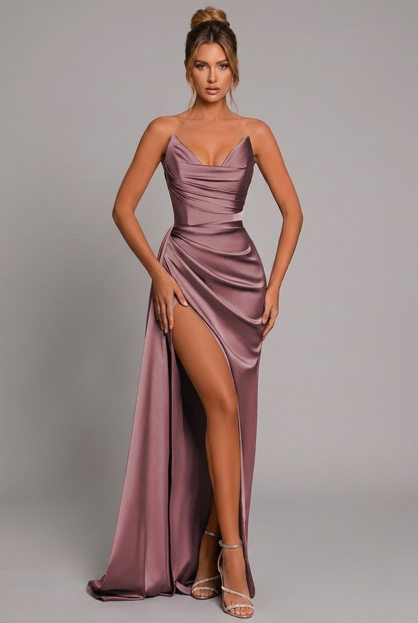 Elegant satin maxi dress featuring a ruched sweetheart neckline and a high split, perfect for formal occasions and evening events. 6