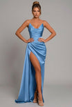 Elegant satin maxi dress featuring a ruched sweetheart neckline and a high split, perfect for formal occasions and evening events. 7