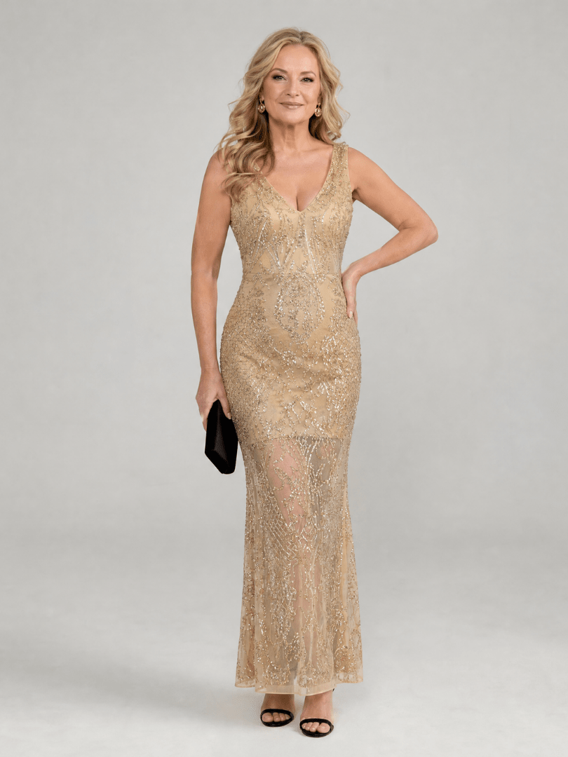Sequin Midi Dress with Sheer Panels and V Neckline – Elegant Evening Wear in Lightweight Mesh 0