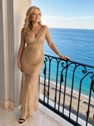 Sequin Midi Dress with Sheer Panels and V Neckline – Elegant Evening Wear in Lightweight Mesh 2