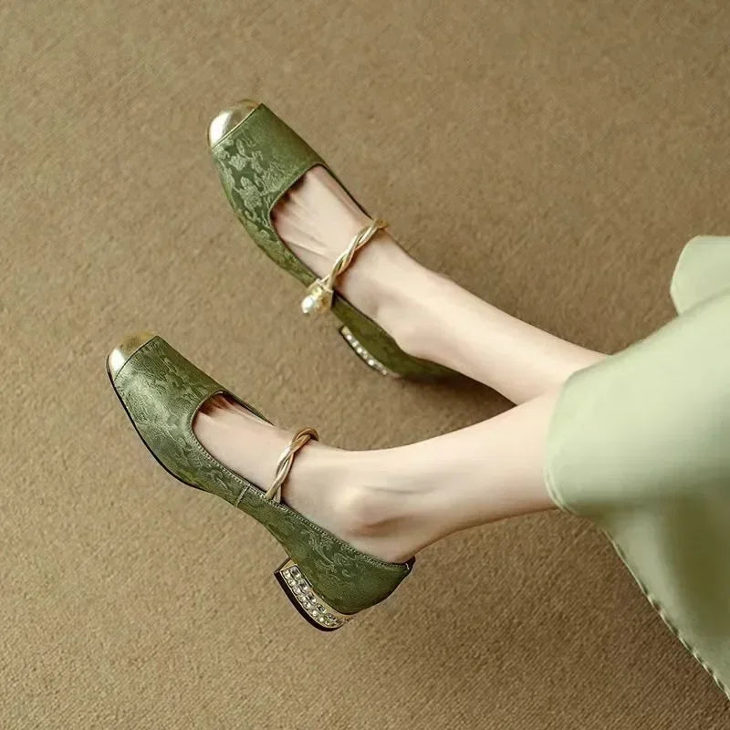 Silk-Like Evening Pumps with Pearl Strap and Embellished Square Heel – Elegant Formal Footwear 1