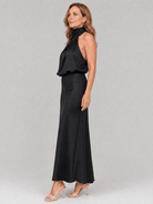 Sleeveless Midi Dress with Draped Neckline and Gathered Waist – Elegant Day-to-Night Wear in Smooth Fabric 6