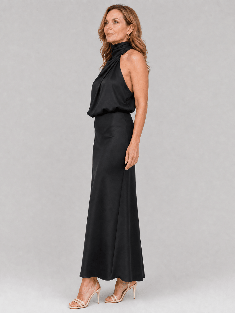 Sleeveless Midi Dress with Draped Neckline and Gathered Waist – Elegant Day-to-Night Wear in Smooth Fabric 6
