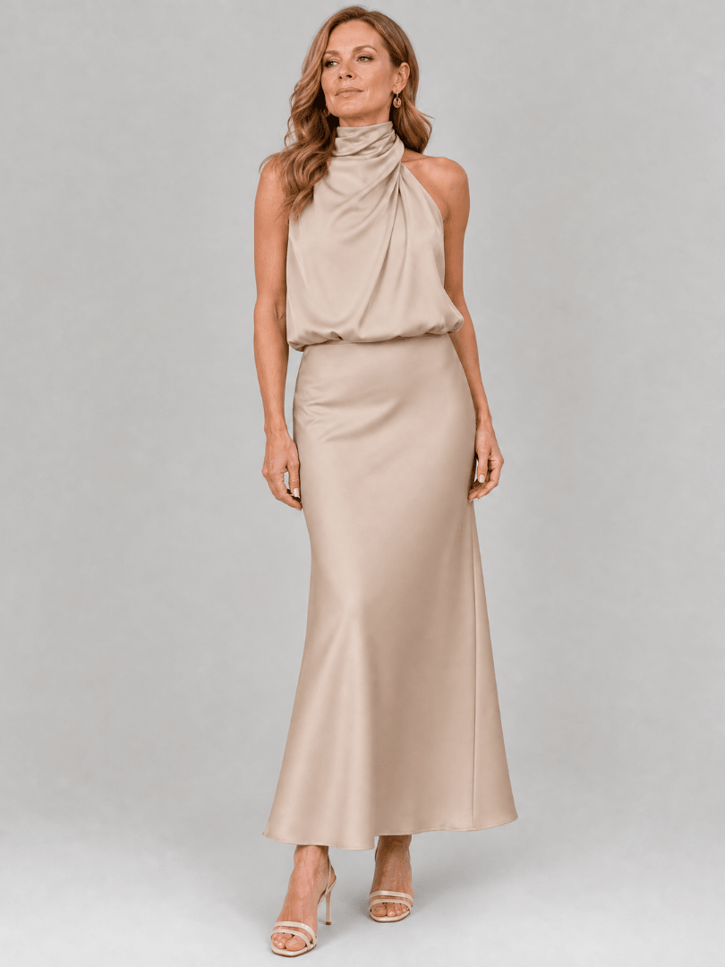 Sleeveless Midi Dress with Draped Neckline and Gathered Waist – Elegant Day-to-Night Wear in Smooth Fabric 7