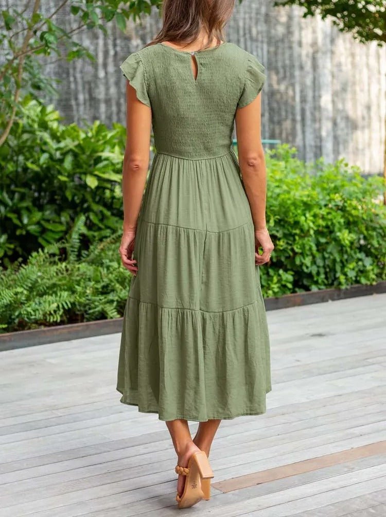 Elegant tiered maxi dress featuring tummy control and cap sleeves, designed for a flattering A-line silhouette, perfect for any occasion. 7