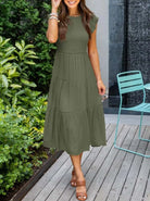Elegant tiered maxi dress featuring tummy control and cap sleeves, designed for a flattering A-line silhouette, perfect for any occasion. 8