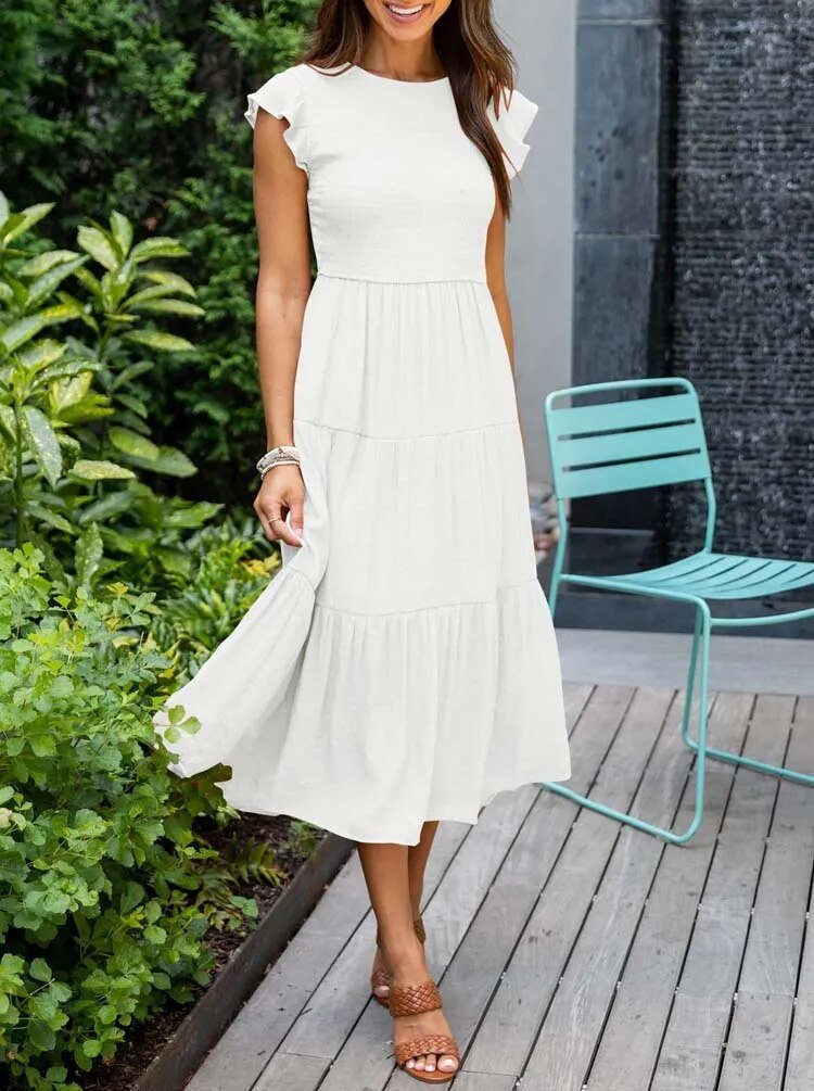 Elegant tiered maxi dress featuring tummy control and cap sleeves, designed for a flattering A-line silhouette, perfect for any occasion. 9