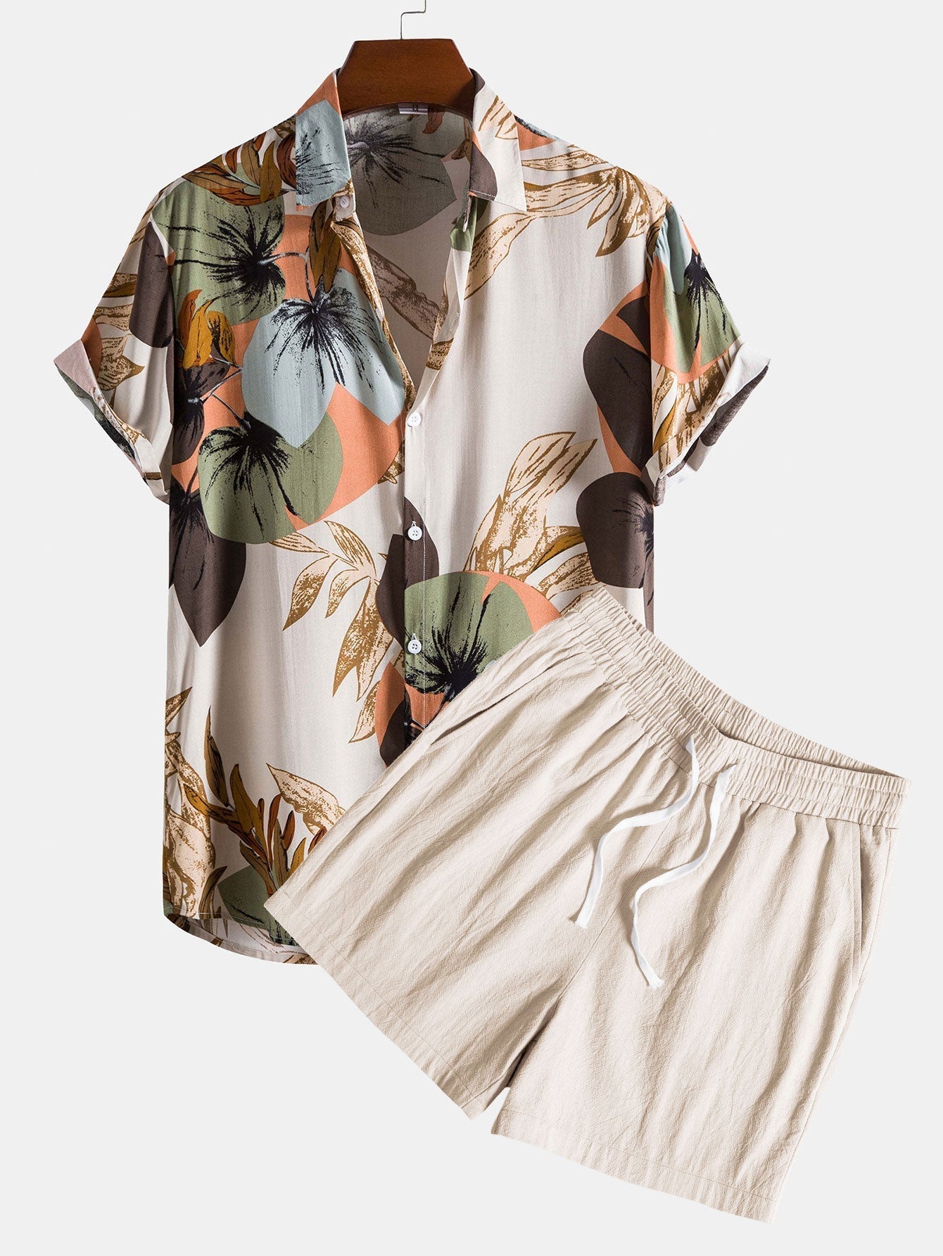 Tropical Print Shirt with Textured Cotton Shorts – Regular Fit 5-Inch Summer Outfit 0