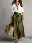 Two-Piece Women's Outfit Set with Black Button Shirt and Olive Green Midi Skirt – Plus Size Clothing Available 2