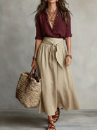 Two-Piece Women's Outfit Set with Black Button Shirt and Olive Green Midi Skirt – Plus Size Clothing Available 4