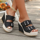 Wedge sandals for women featuring adjustable straps and cushioned comfort, designed with a modern fray edge for stylish summer wear. 1