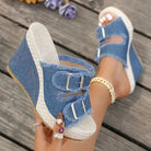 Wedge sandals for women featuring adjustable straps and cushioned comfort, designed with a modern fray edge for stylish summer wear. 2