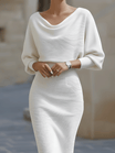 White Midi Dress with Draped Cowl Neckline and Batwing Sleeves – Elegant Long Sleeve Design 0