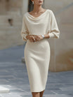 White Midi Dress with Draped Cowl Neckline and Batwing Sleeves – Elegant Long Sleeve Design 2
