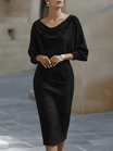White Midi Dress with Draped Cowl Neckline and Batwing Sleeves – Elegant Long Sleeve Design 3