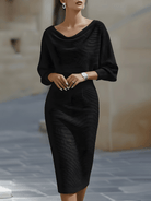 White Midi Dress with Draped Cowl Neckline and Batwing Sleeves – Elegant Long Sleeve Design 3