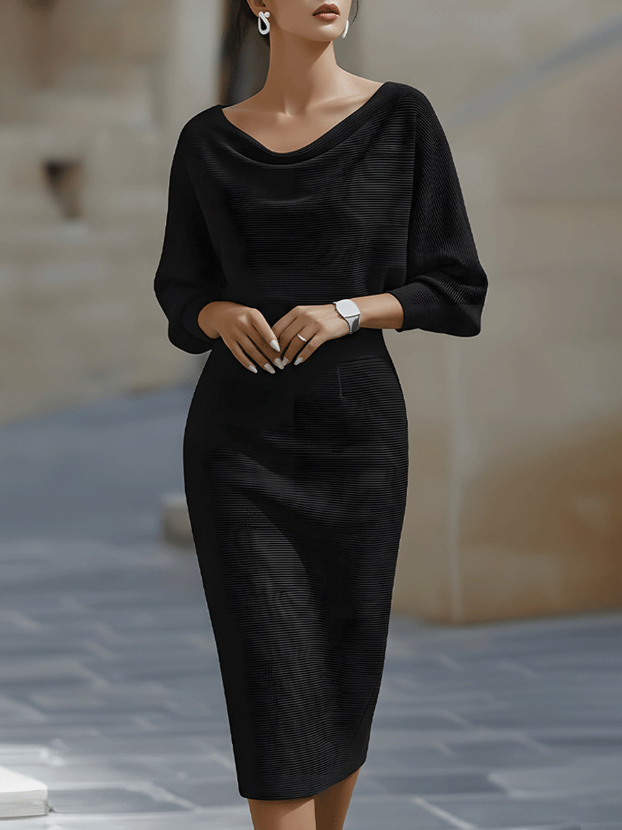 White Midi Dress with Draped Cowl Neckline and Batwing Sleeves – Elegant Long Sleeve Design 3
