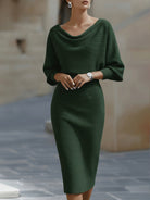 White Midi Dress with Draped Cowl Neckline and Batwing Sleeves – Elegant Long Sleeve Design 4