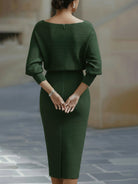 White Midi Dress with Draped Cowl Neckline and Batwing Sleeves – Elegant Long Sleeve Design 5