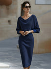 White Midi Dress with Draped Cowl Neckline and Batwing Sleeves – Elegant Long Sleeve Design 6