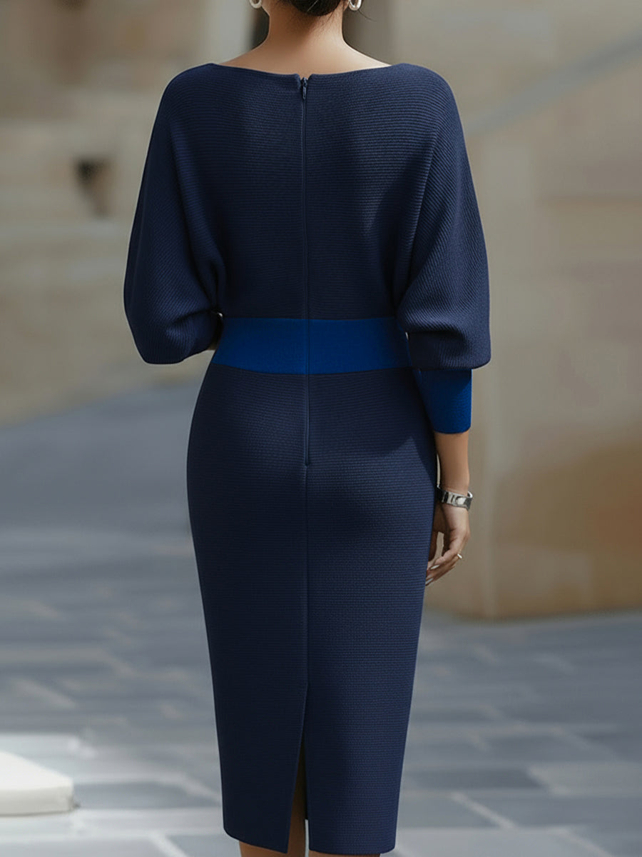 White Midi Dress with Draped Cowl Neckline and Batwing Sleeves – Elegant Long Sleeve Design 7