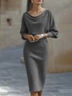 White Midi Dress with Draped Cowl Neckline and Batwing Sleeves – Elegant Long Sleeve Design 8
