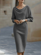 White Midi Dress with Draped Cowl Neckline and Batwing Sleeves – Elegant Long Sleeve Design 8