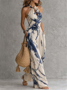 Wide-Leg Jumpsuit for Women with Halter Neckline and Side Pockets – Bohemian Ink Wash Print 1