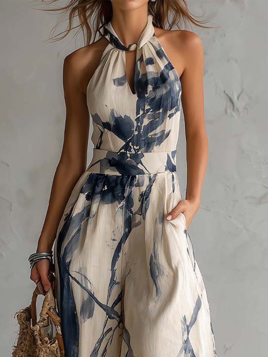 Wide-Leg Jumpsuit for Women with Halter Neckline and Side Pockets – Bohemian Ink Wash Print 3