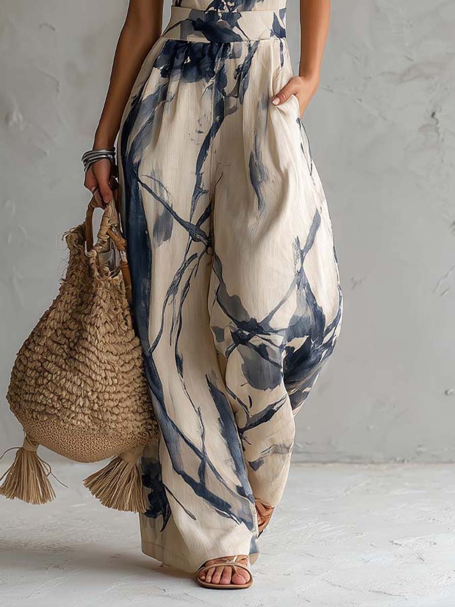 Wide-Leg Jumpsuit for Women with Halter Neckline and Side Pockets – Bohemian Ink Wash Print 4