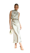 Women Midi Dress with Sleeveless Halter Neckline and Back Zip