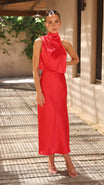 Women Midi Dress with Sleeveless Halter Neckline and Back Zip