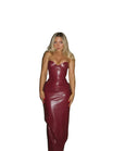 Women Red Strapless Midi Dress with Front Split