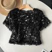 Women Short-Sleeve Top with Round Neck and Sequin Detail