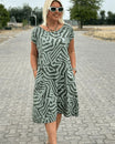 Women midi dress with short sleeves and round neckline