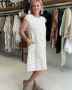 Women midi dress with short sleeves and round neckline