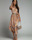 Women's Asymmetric Print Midi Dress with Short Sleeves