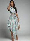 Women's Asymmetric Print Midi Dress with Short Sleeves