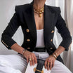 Women's double-breasted black blazer with structured fit, featuring stylish gold buttons, designed for a flattering silhouette, available in plus sizes. 0