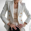 Women's double-breasted black blazer with structured fit, featuring stylish gold buttons, designed for a flattering silhouette, available in plus sizes. 1