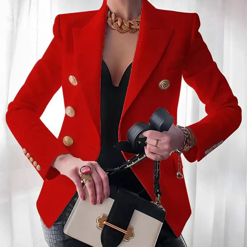 Women's double-breasted black blazer with structured fit, featuring stylish gold buttons, designed for a flattering silhouette, available in plus sizes. 2